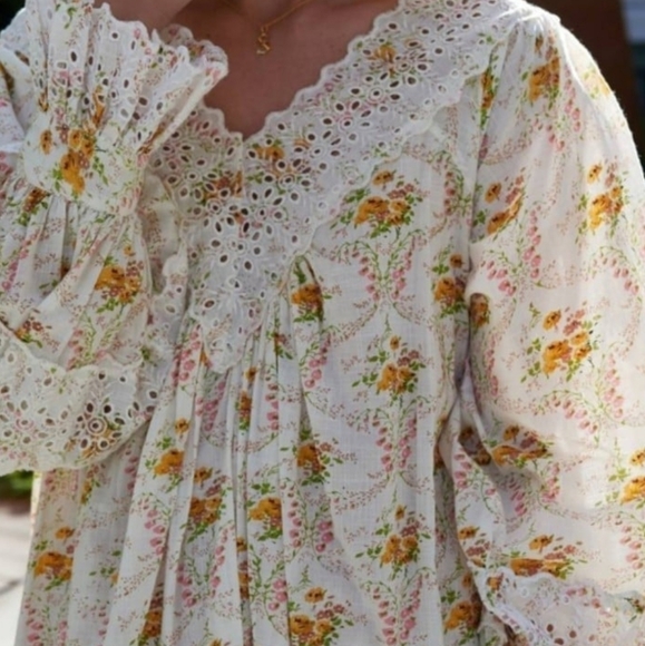 Ivory Floral Cotton V Neck Eyelet Trim Mini Dress in Wallpaper - Picture 8 of 12